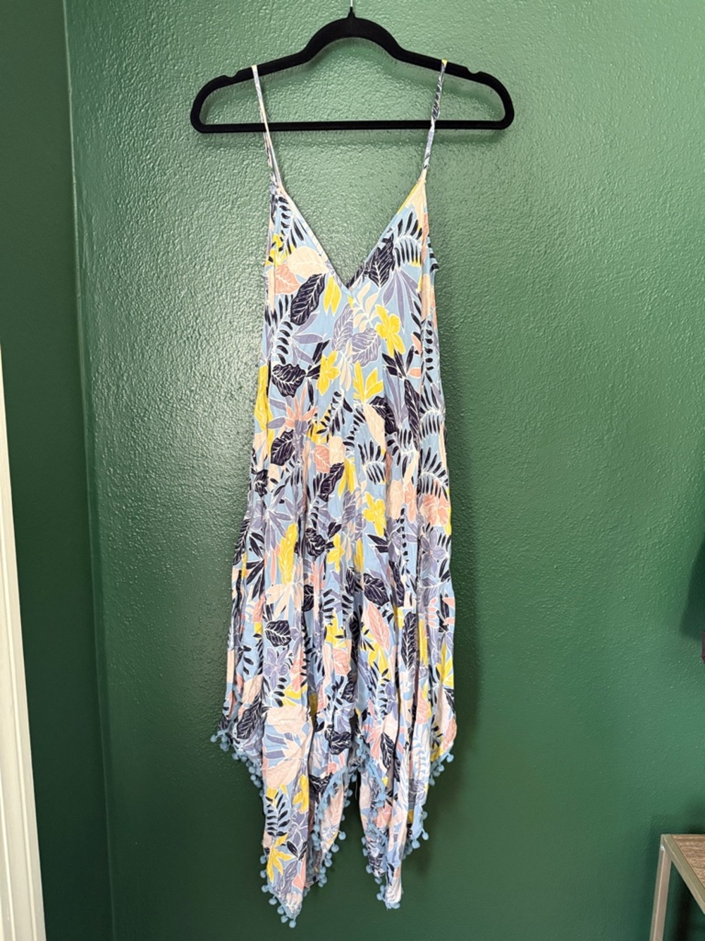 Floral Light Blue Midi Beach Dress with Pom Hem